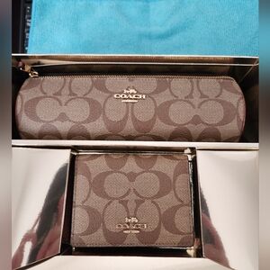Coach Signature Brown Card Holder with Mirror & Travel Cosmetic Bag Gift Set